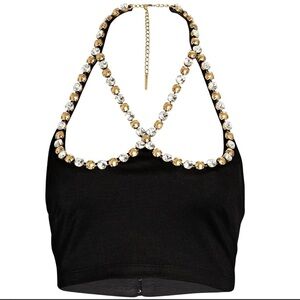 AREA Black Crop Top with Gold and Silver Embellishments